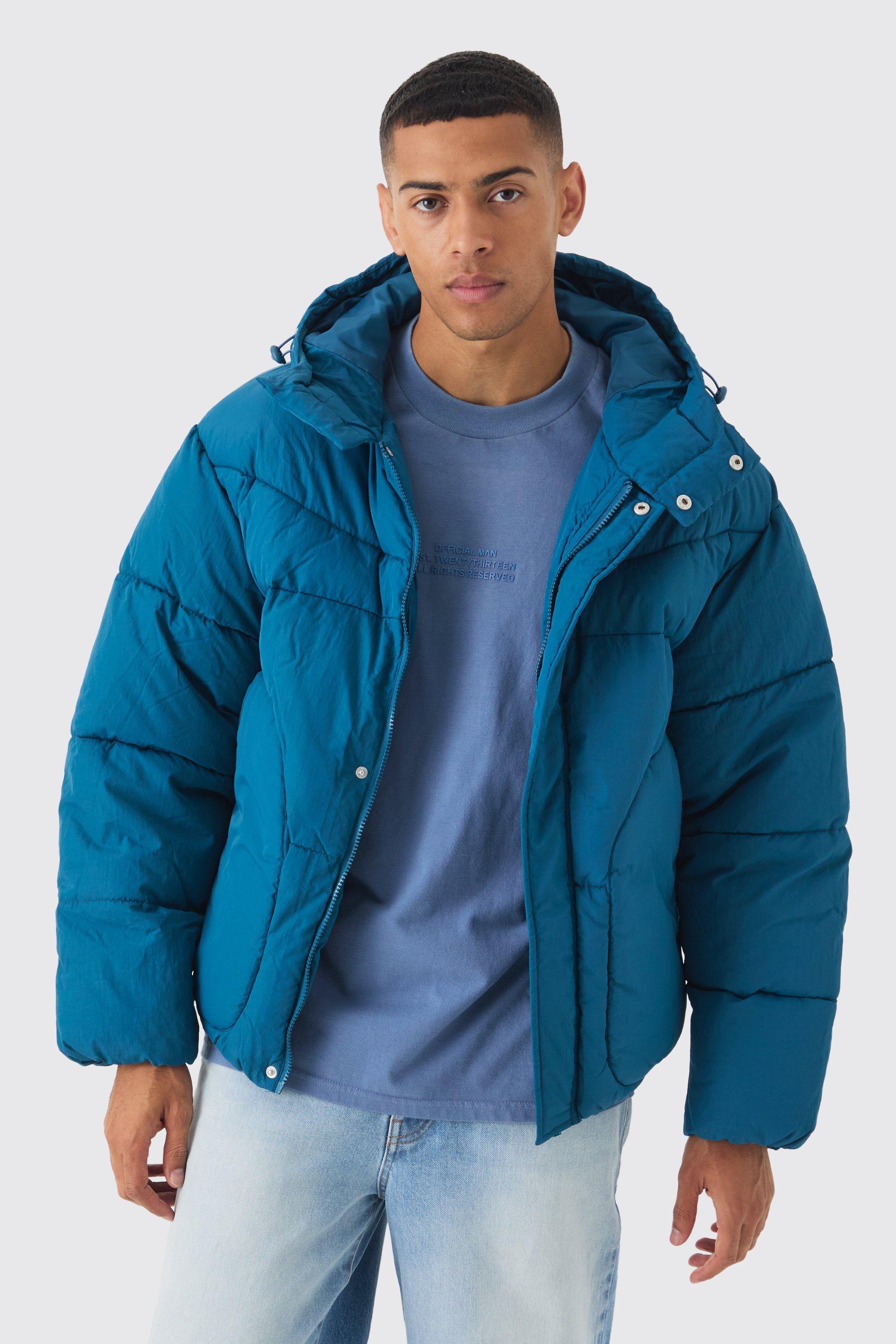 Hooded Puffer Coat In Teal | boohooMAN USA Product Image