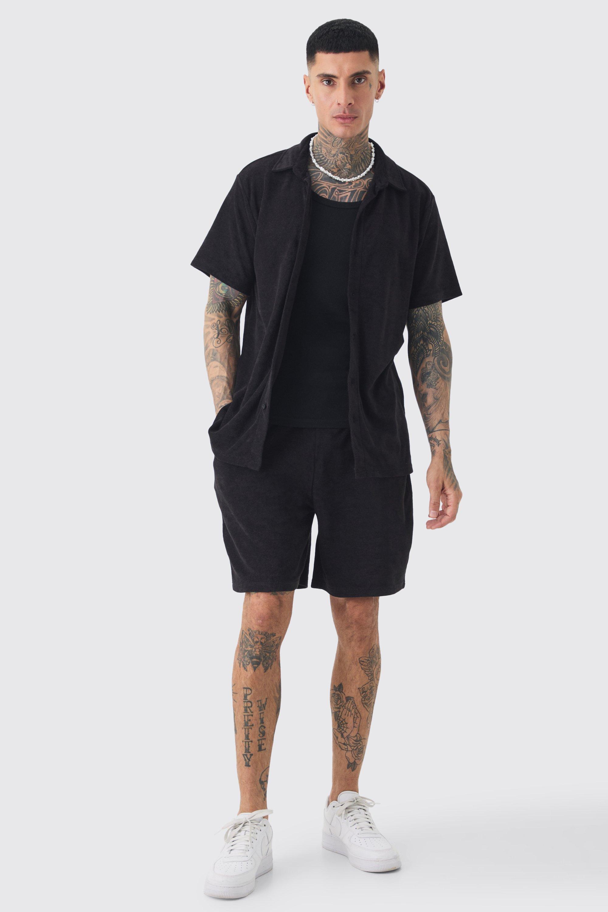 Tall Towelling Shirt & Short Set in Black | boohooMAN USA Product Image