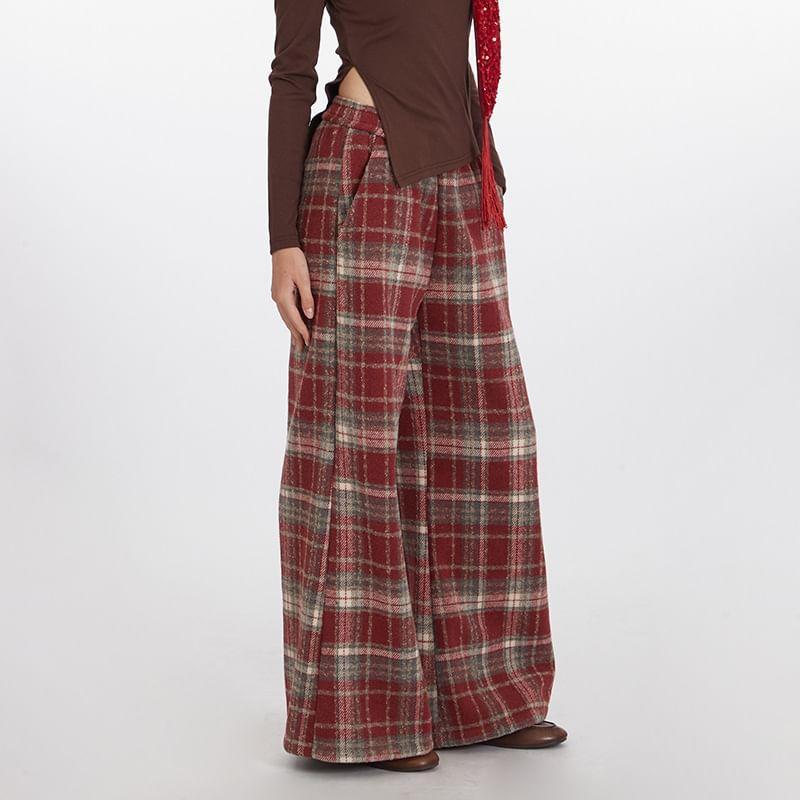 High Waist Lettering Print Plaid Loose-Fit Wide-Leg Pants Product Image