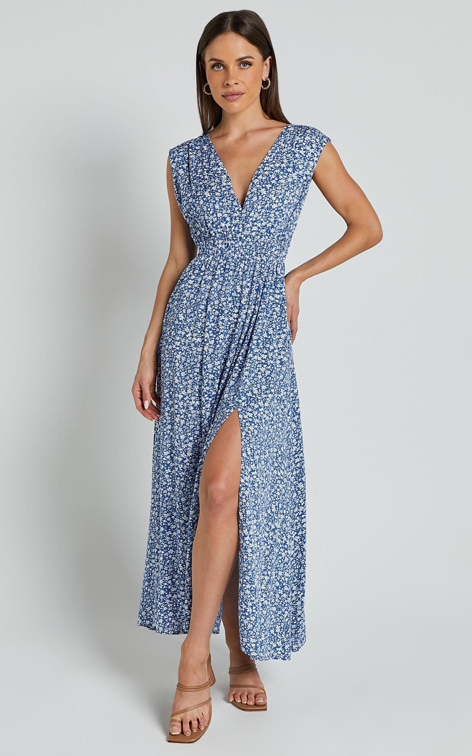 Valeri Midi Dress - Plunge Neck Sleeveless Tie Waist Dress in Blue Floral Product Image