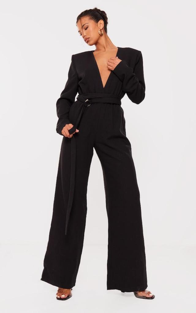 Black Strap Detail Cross Over Wide Leg Jumpsuit Product Image