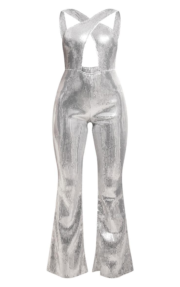 Silver Sequin Cross Cut Out Wide Leg Jumpsuit Product Image