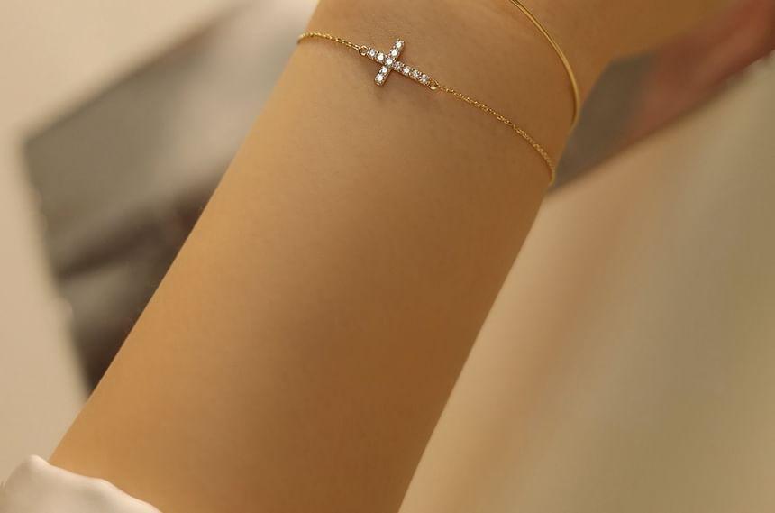 Cross Rhinestone Sterling Silver Bracelet Product Image