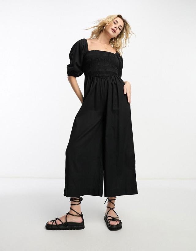 ASOS DESIGN linen look shirred bodice puff sleeve jumpsuit Product Image