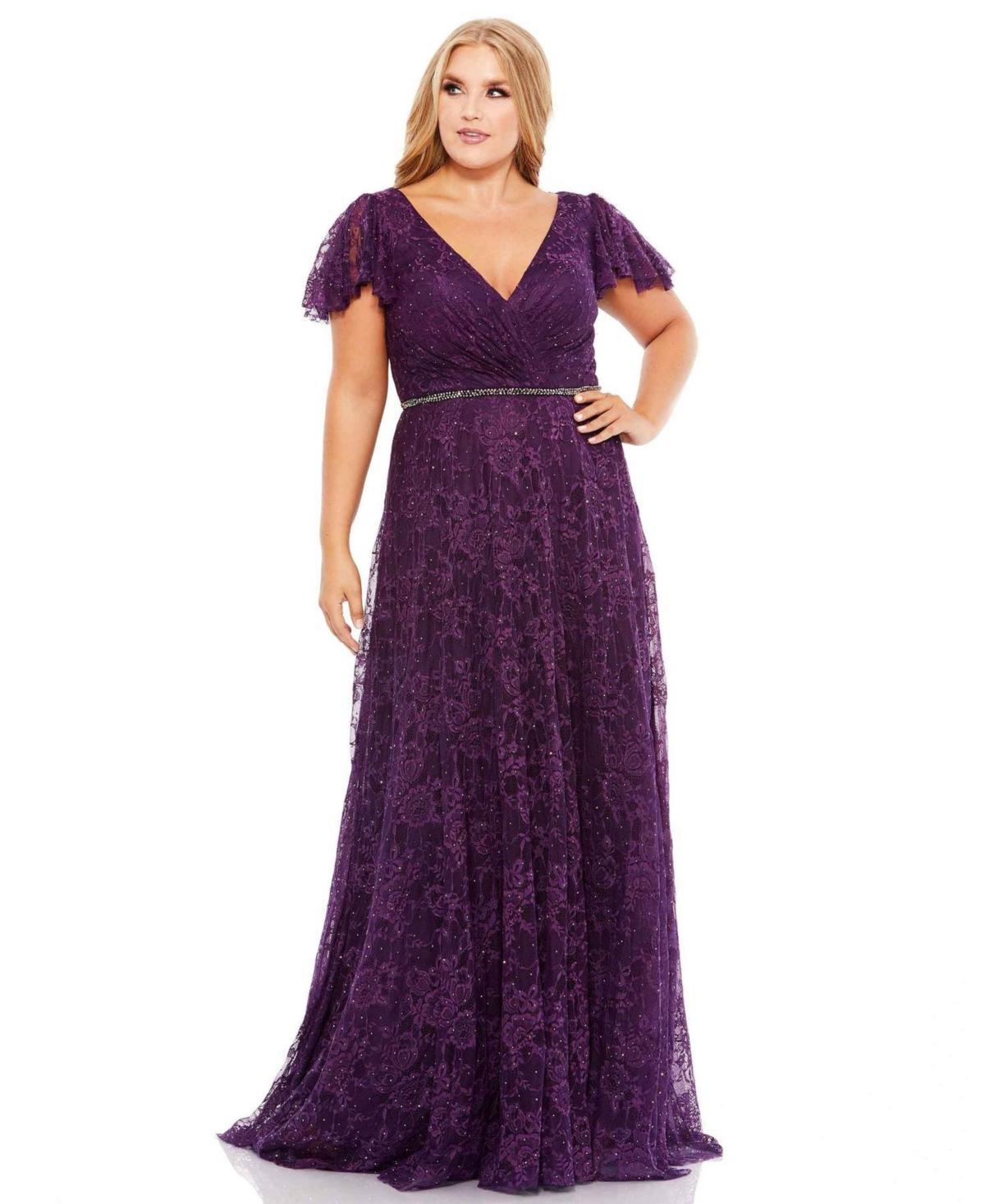 Womens Plus Size Embellished Flutter Sleeve Evening Gown Product Image