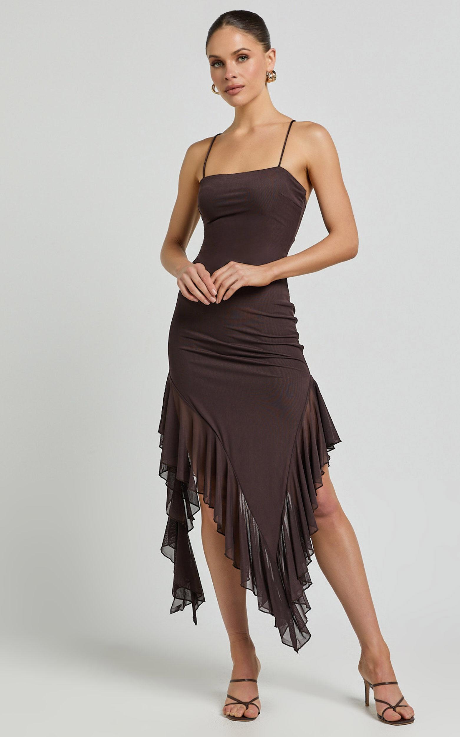 Constantina Midi Dress - Asymmetric Ruffle Tie Back Dress in Dark Chocolate Product Image