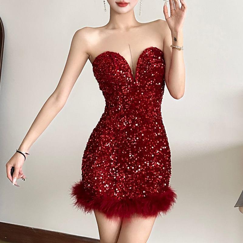 Sweetheart Neckline Glitter Mini Bodycon Dress Product Image