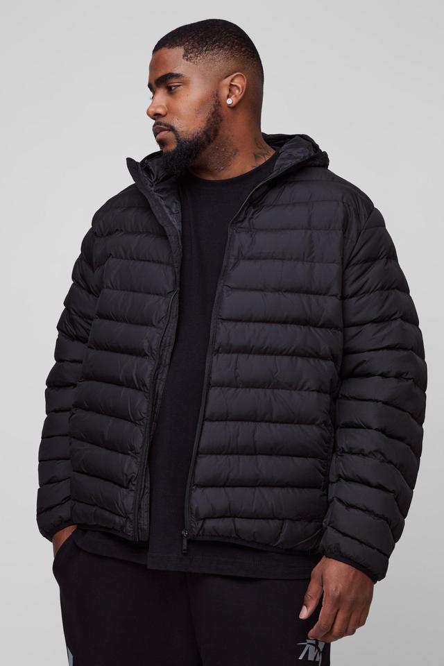 Plus Zip Through Hooded Puffer Jacket In Black | boohooMAN USA Product Image