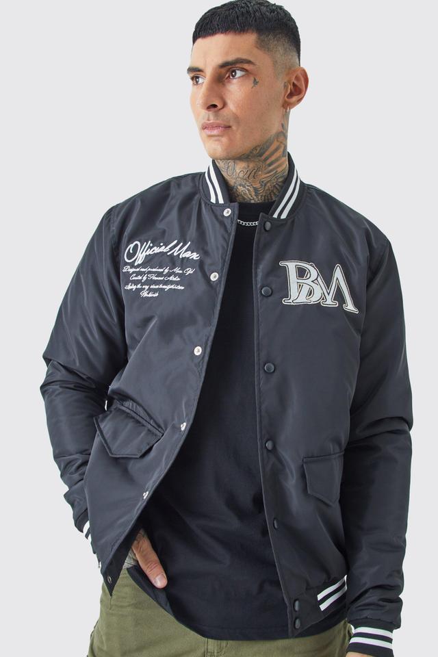 Mens Black Tall Nylon Varsity Jacket With Badges, Black Product Image