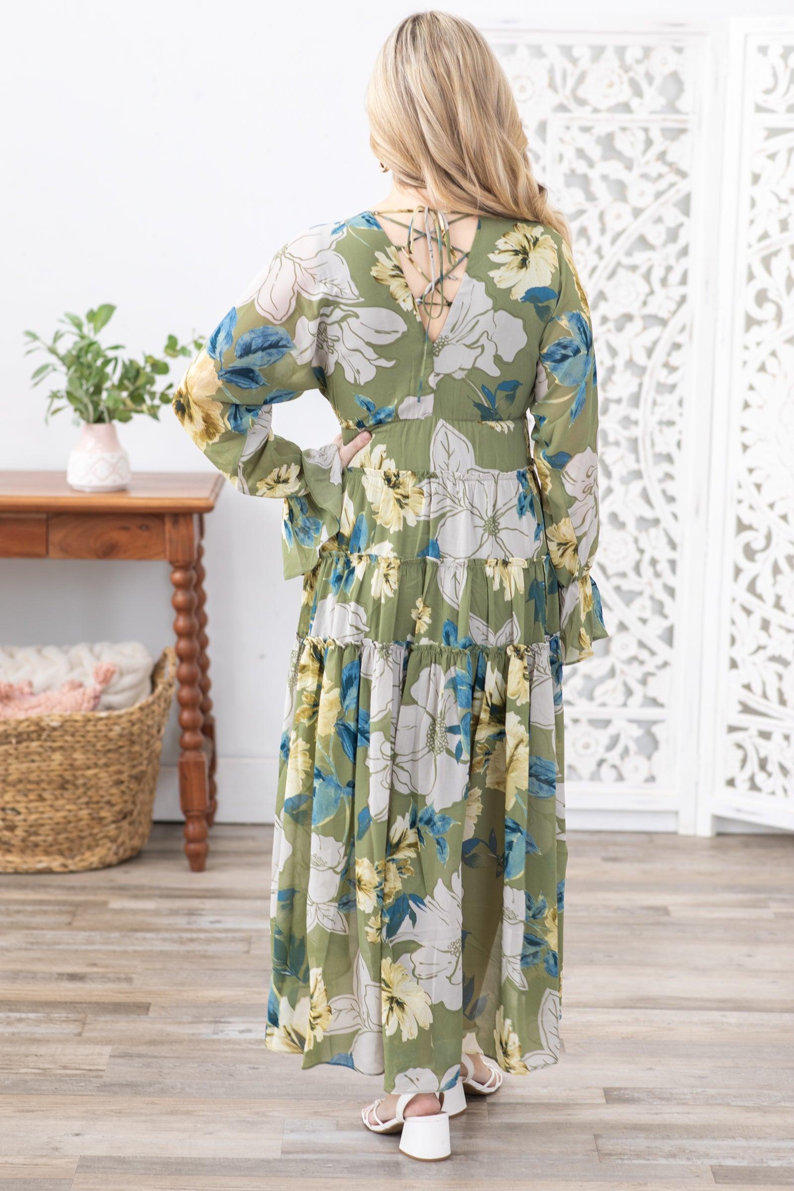 Olive Floral V-Neck Long Sleeve Maxi Dress product image