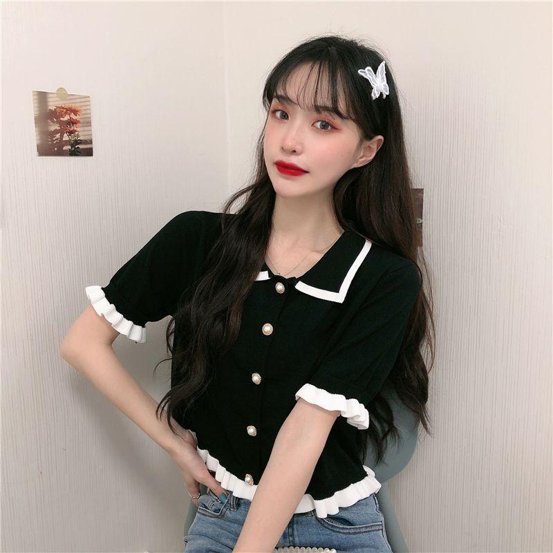 Short-Sleeve Ruffle Trim Blouse Product Image