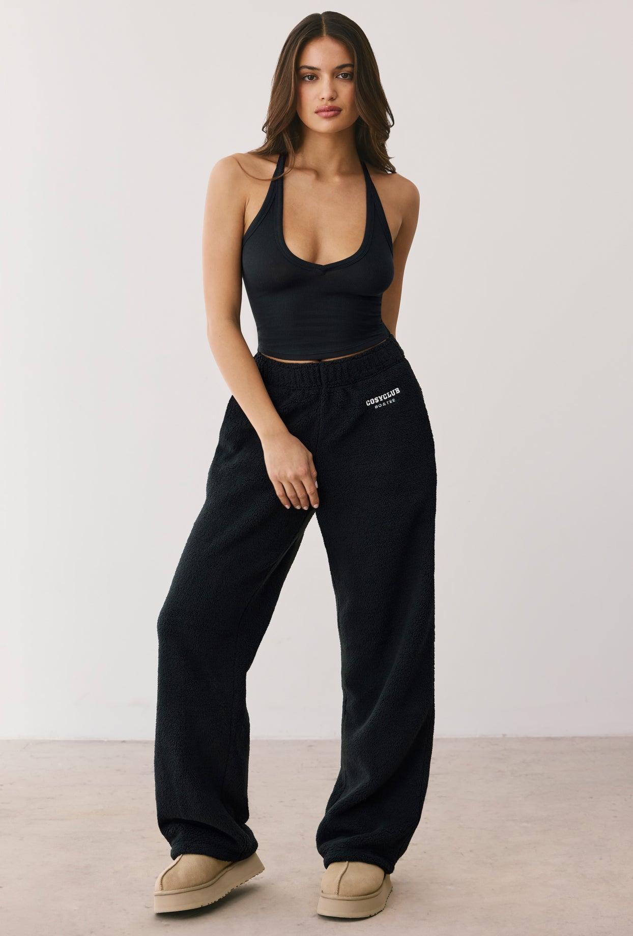 Petite Fleece Wide Leg Joggers in Onyx Product Image