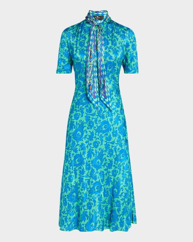 Tile-Print Neck-Tie Silk Midi Dress Product Image