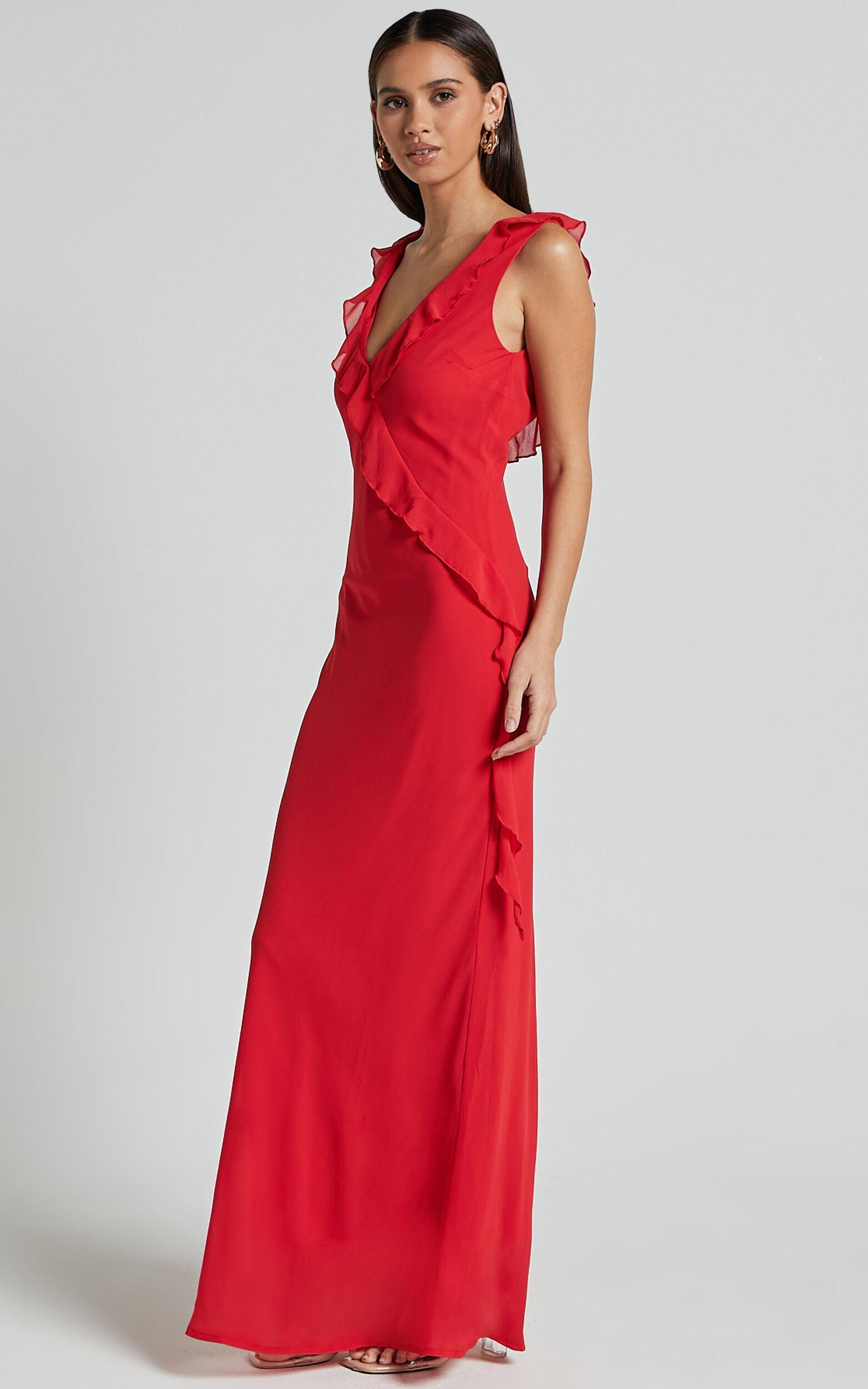 Laurie Midi Dress - Plunge Frill Detail Slip Dress in Red Product Image