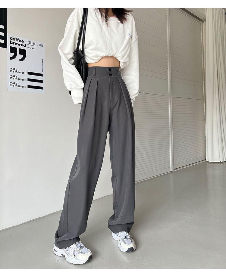 High Rise Plain Pleated Wide Leg Suit Pants Product Image