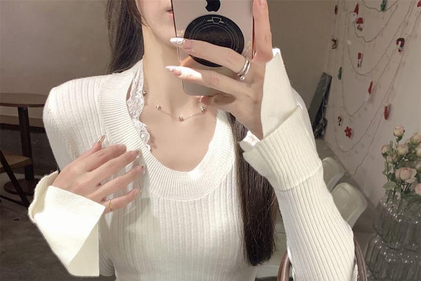 Long Sleeve Scoop Neck Plain Ribbed Knit Top Product Image