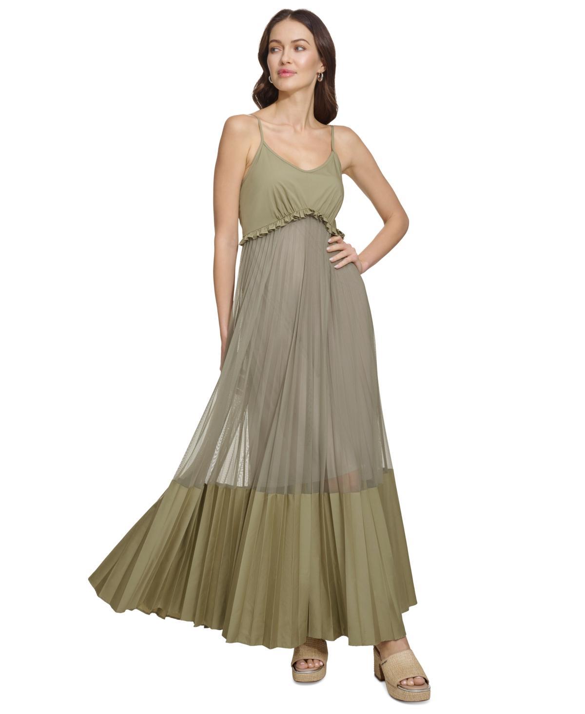 Dkny Womens Solid Tiered Pleated Sleeveless Mesh Maxi Dress Product Image