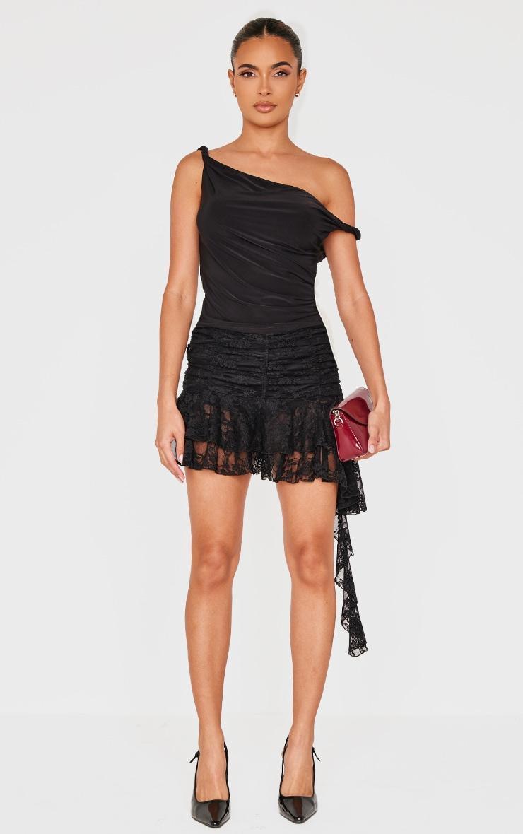 Black Lace Ruched Drape Detail Mini Skirt Product Image