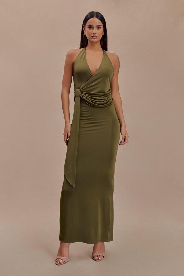 Tyla Draped Slinky Halter Maxi Dress - Dark Olive Product Image