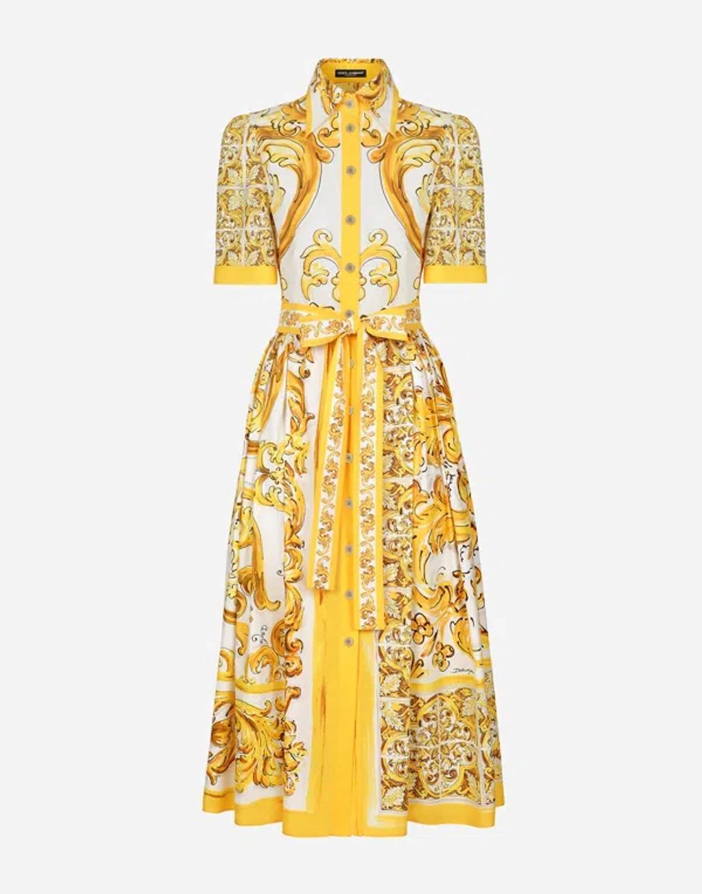 DOLCE & GABBANA Cotton Poplin Midi Shirt Dress With Majolica Print In Yellow Product Image