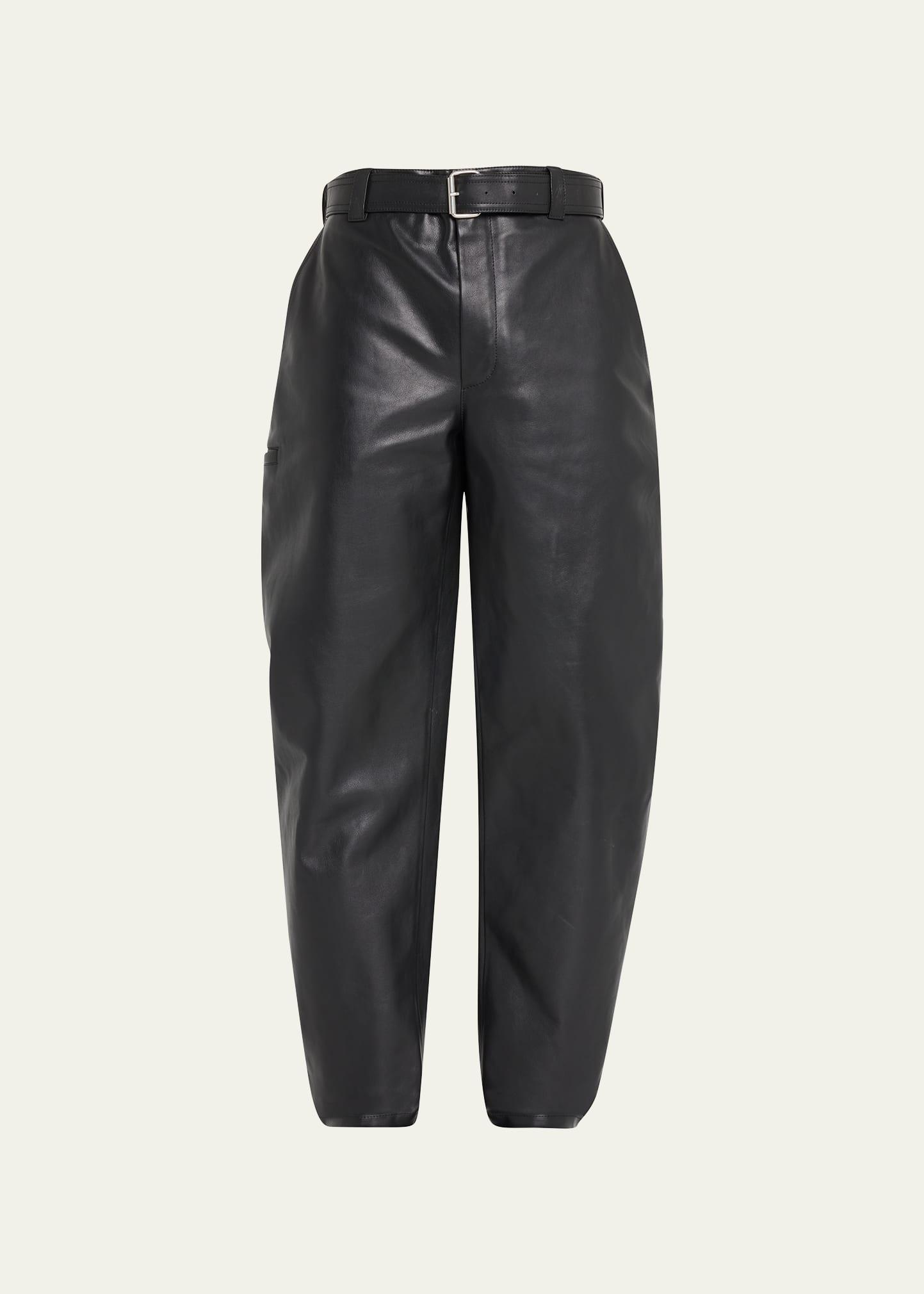 Mens Belted Leather Curved-Leg Trousers Product Image