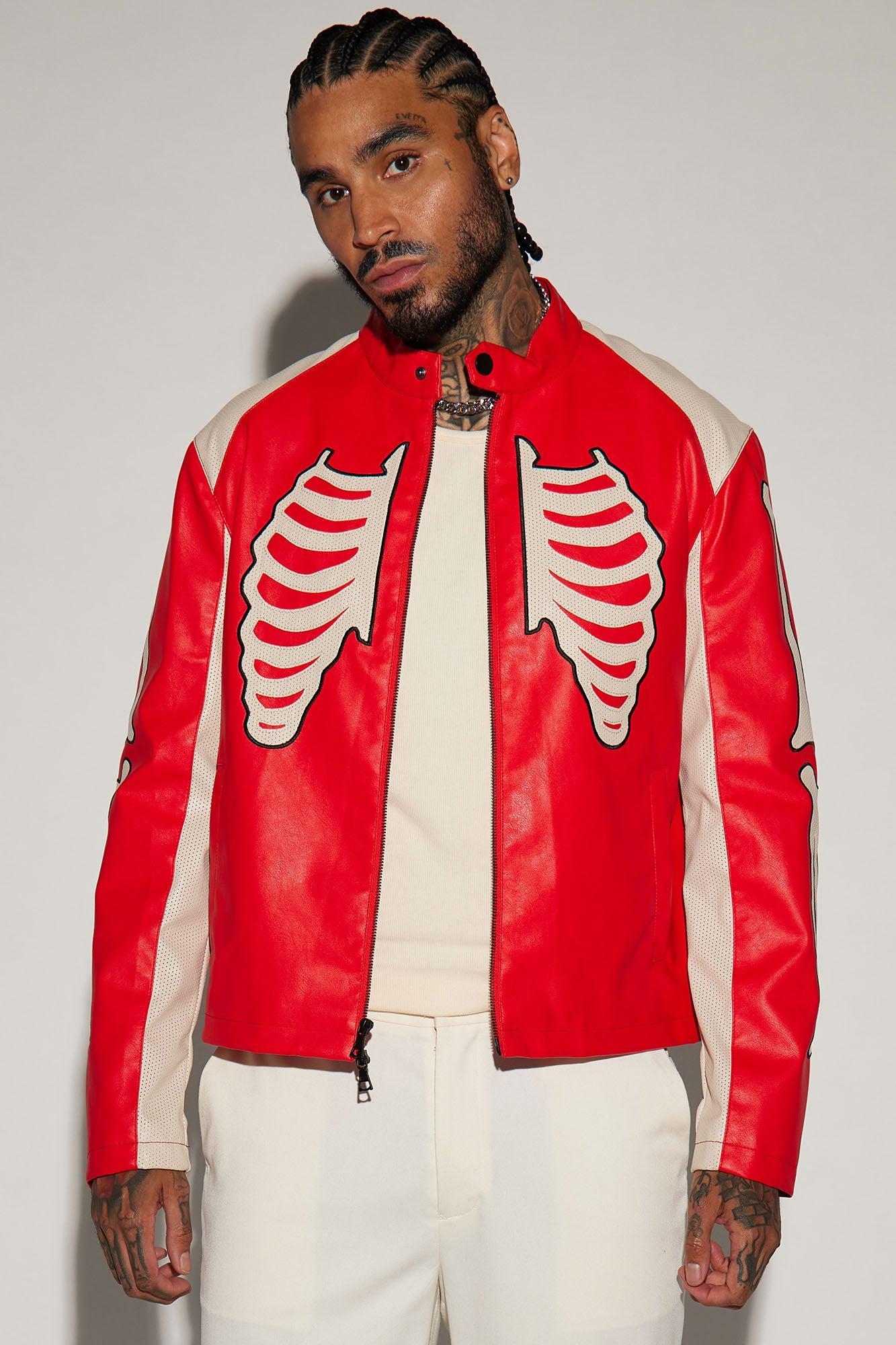 Bones Faux Leather Motocross Jacket - Red Product Image