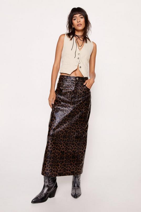 Premium Leopard Faux Leather Maxi Skirt Product Image