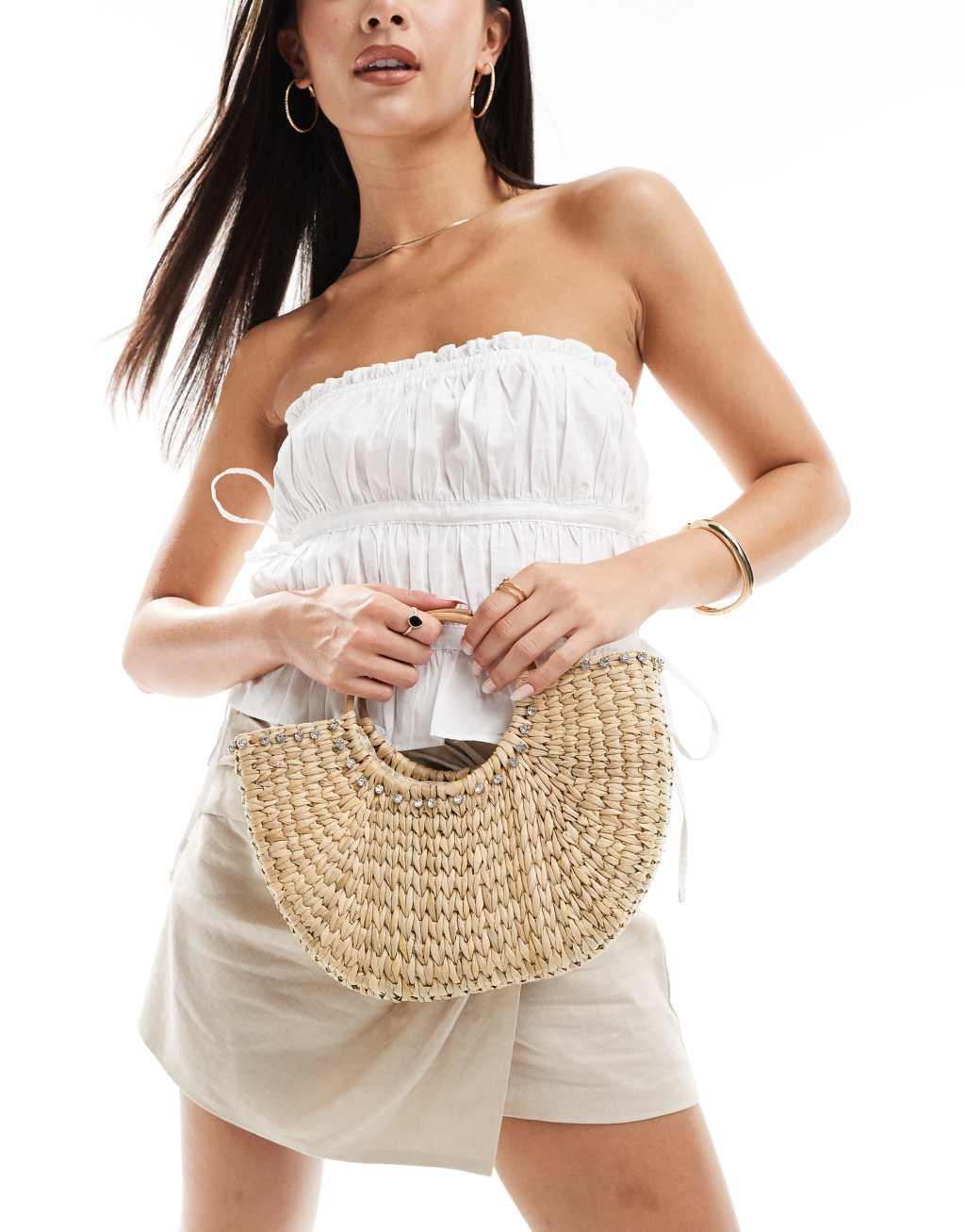 Glamorous embellished rattan beach mini grab bag in brown Product Image