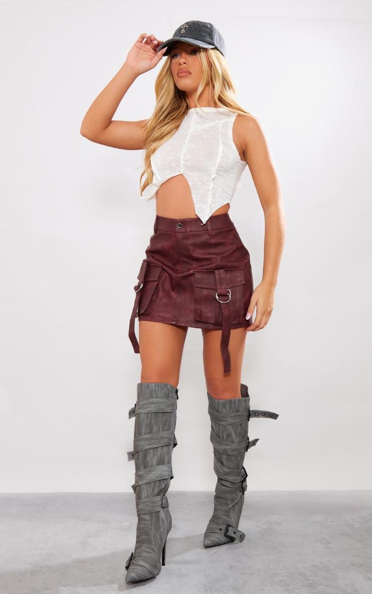 Burgundy Washed Faux Leather Pocket Cargo Mini Skirt product image