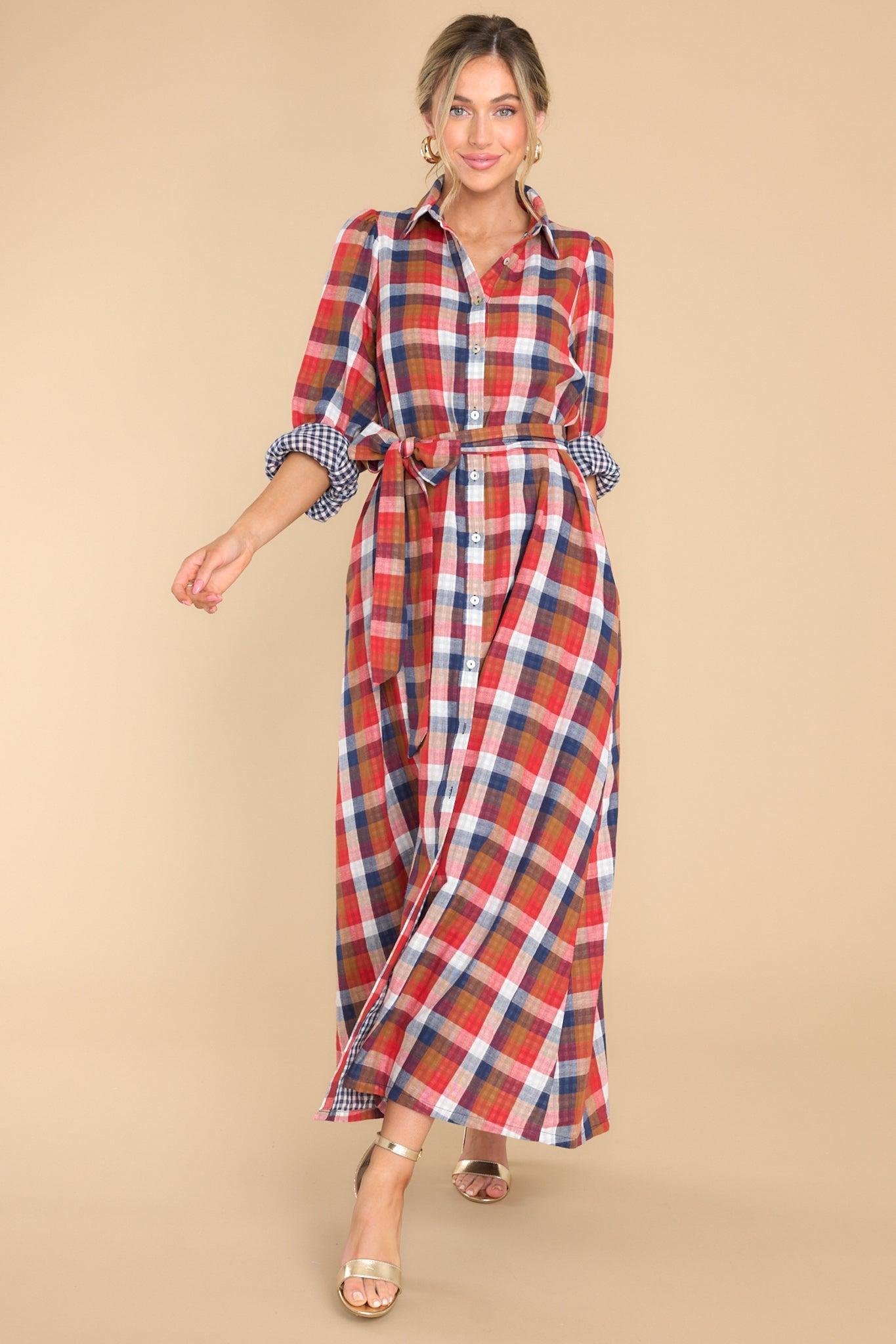 Aura Closing That Door Red Multi Plaid Maxi Dress Product Image