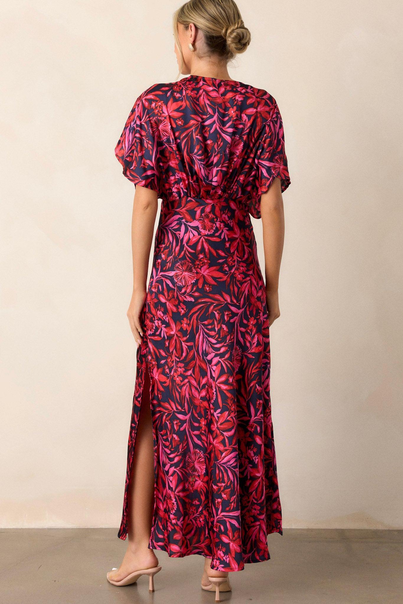 Waltz Through Time Fuchsia Floral Satin Maxi Dress Product Image