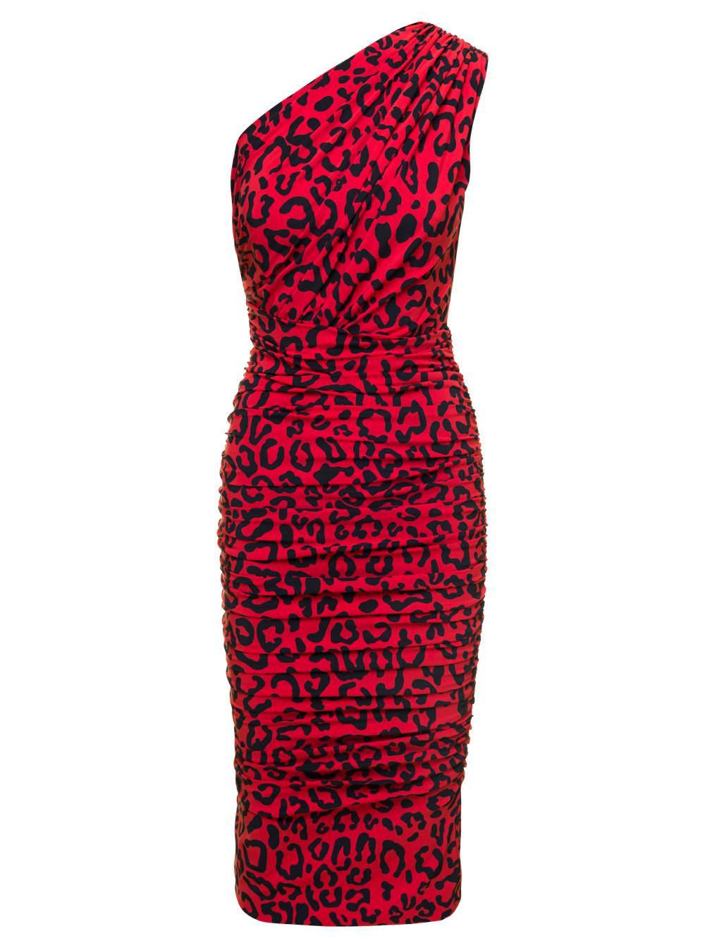 DOLCE & GABBANA Red One-shoulder Leopard-print Midi Dress In Jersey Woman Product Image