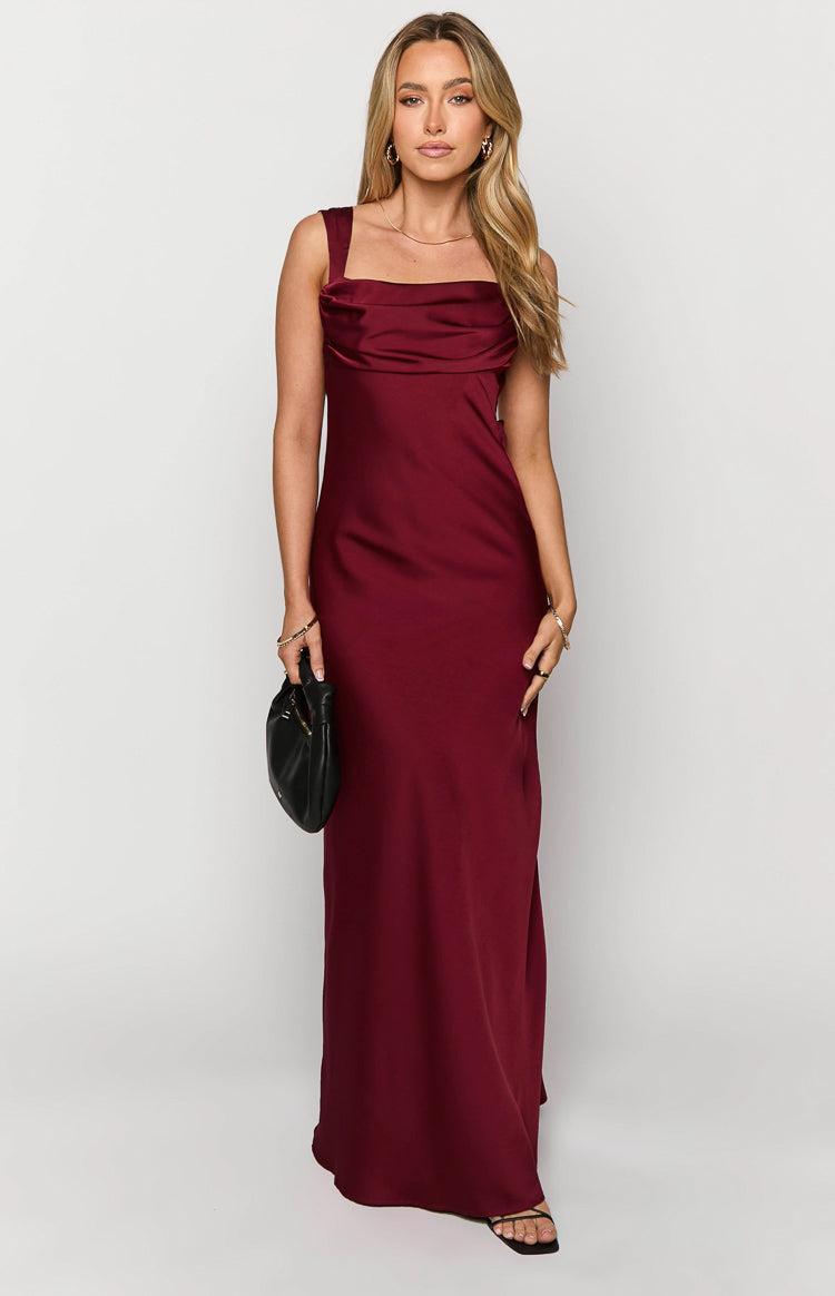 Laria Wine Satin Formal Maxi Dress Product Image