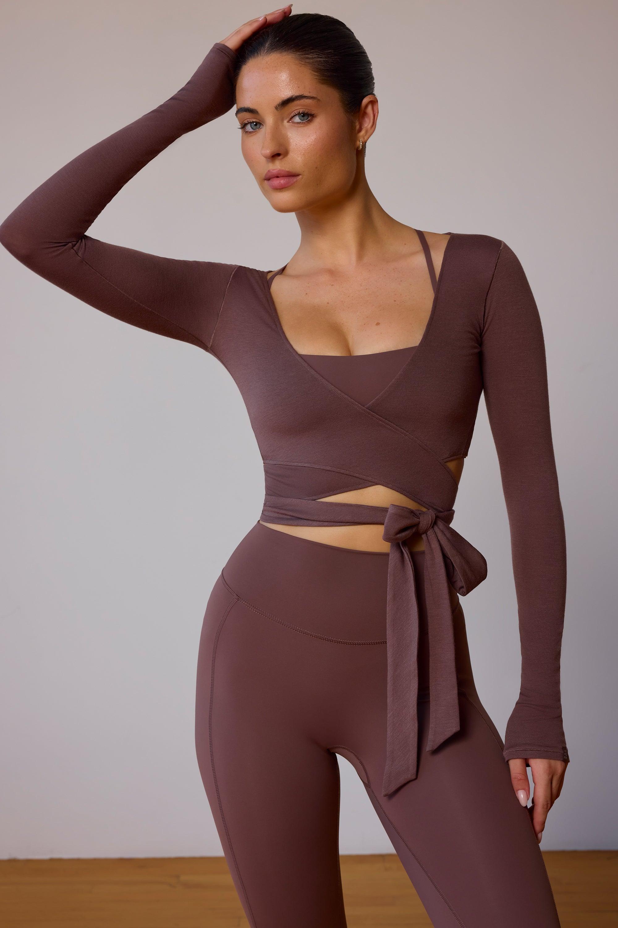 Long-Sleeve Wrap Crop Top in Taupe Brown Product Image