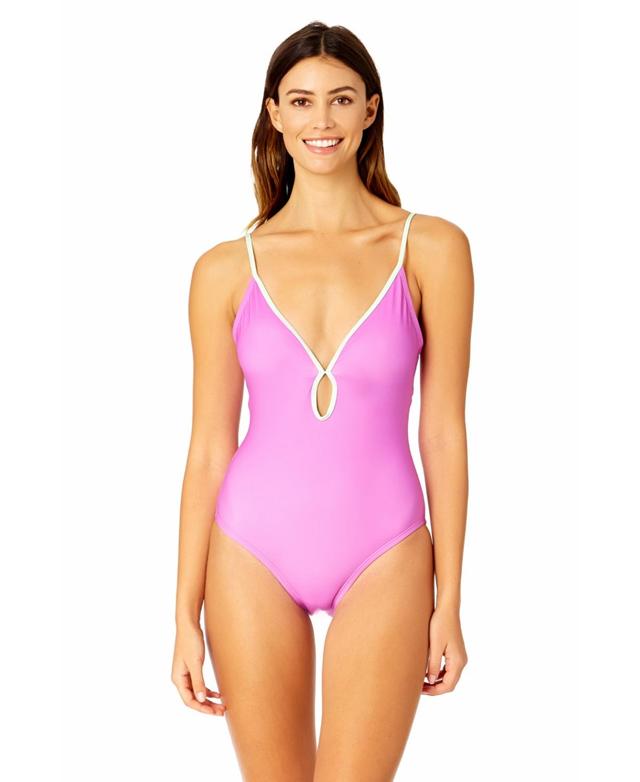 Womens Solid Piped Keyhole One Piece Swimsuit Product Image