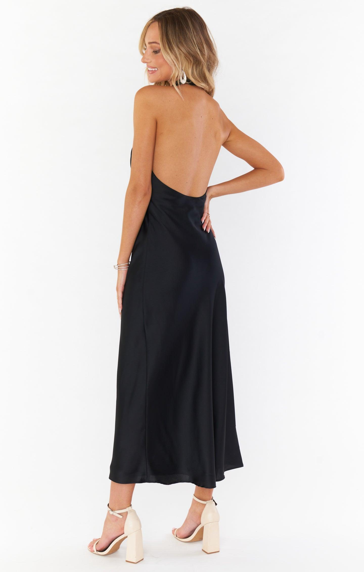 Jasmine Halter Midi Dress ~ Black Luxe Satin Product Image