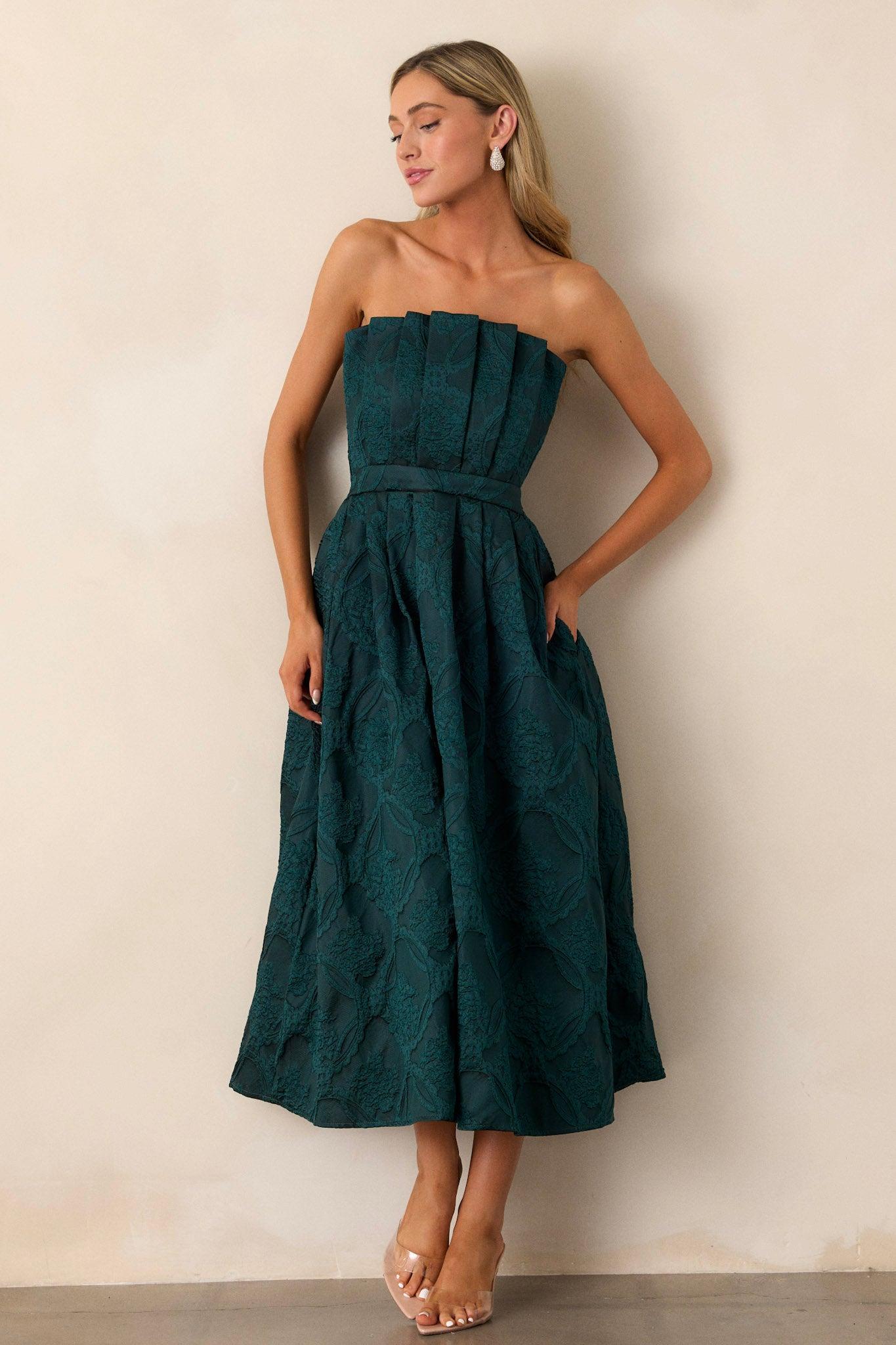 Moonstone Dreams Hunter Green Floral Jacquard Midi Dress Product Image