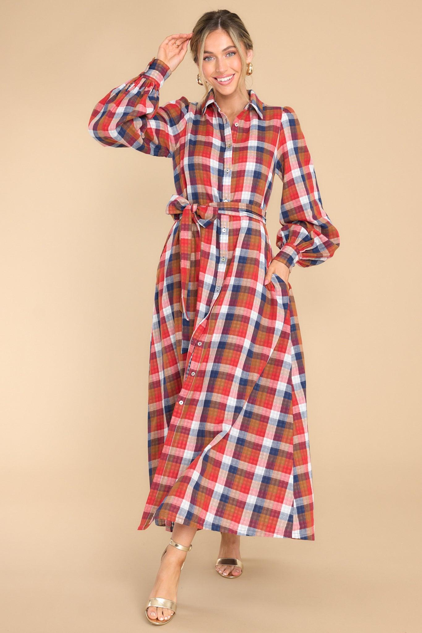 Aura Closing That Door Red Multi Plaid Maxi Dress Product Image