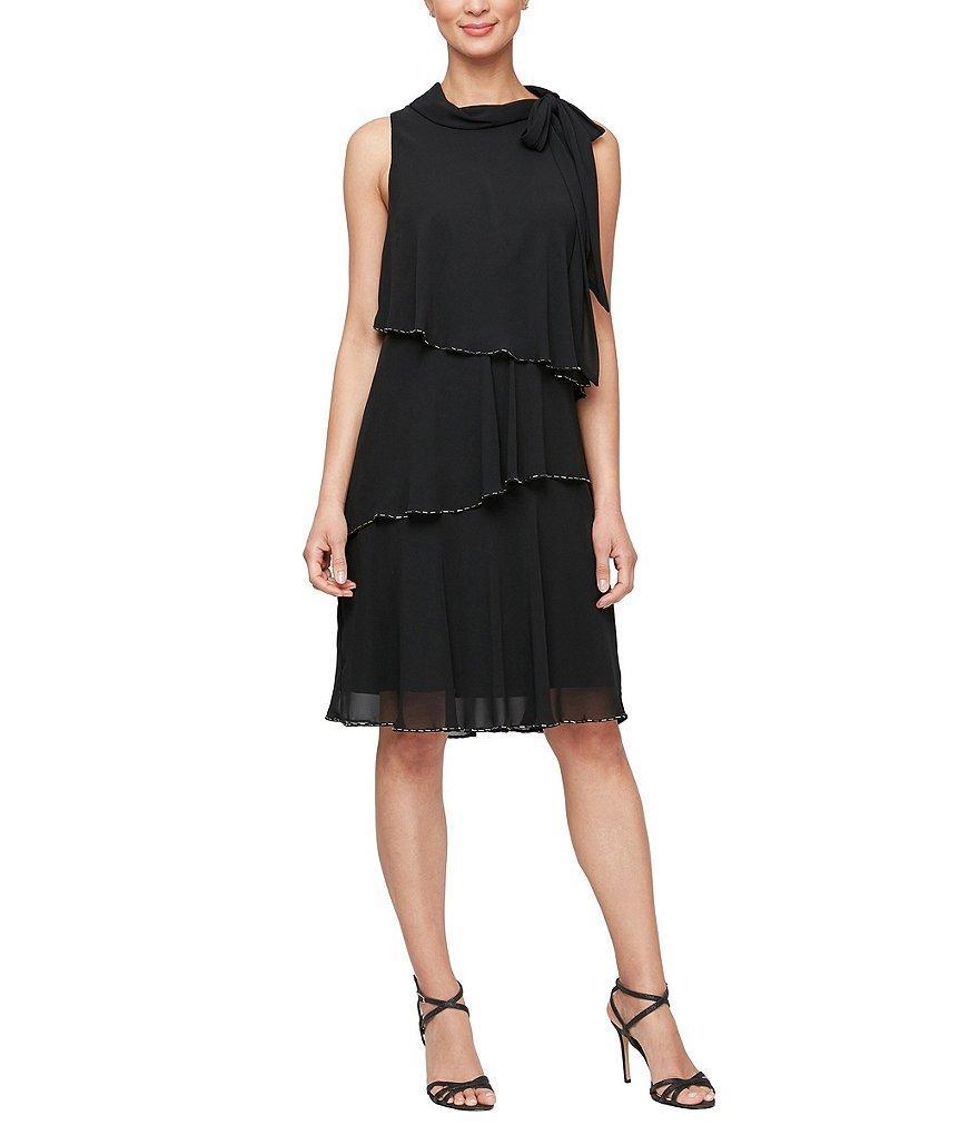 Ignite Evenings Sleeveless Tie Neck Chiffon Tiered with Bead Trim Dress Product Image