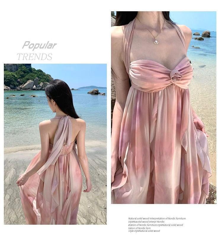 Halter Neck Sweetheart Neckline Tie Dye Maxi A-Line Dress Product Image