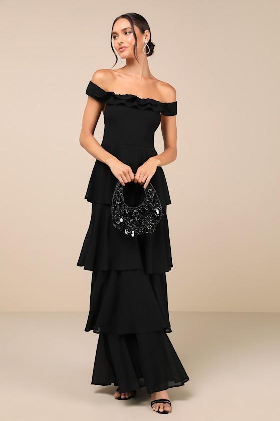 Delightful Essence Black Off-the-Shoulder Tiered Maxi Dress Product Image