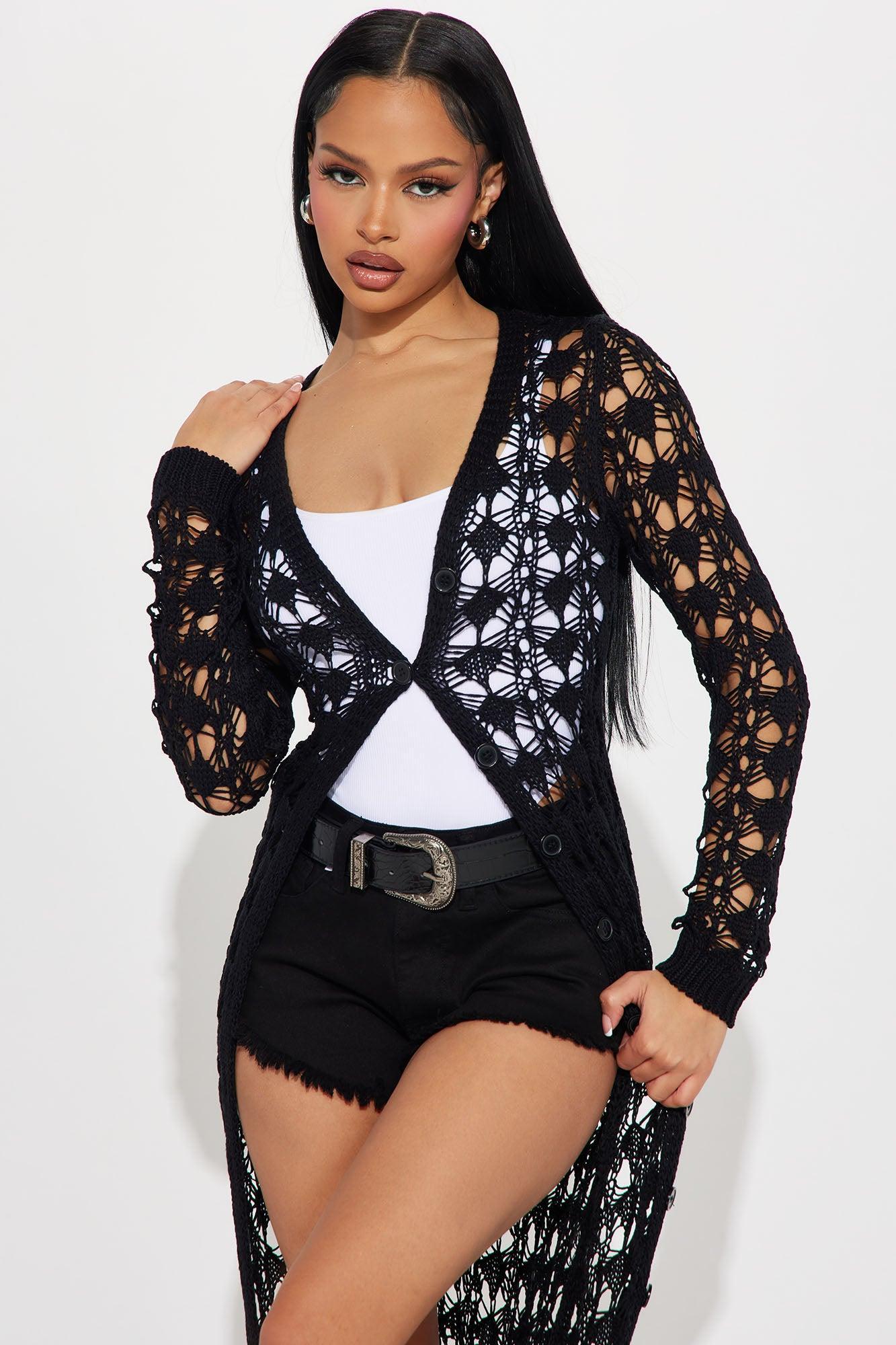 Somewhere Tropical Crochet Cardigan  - Black Product Image