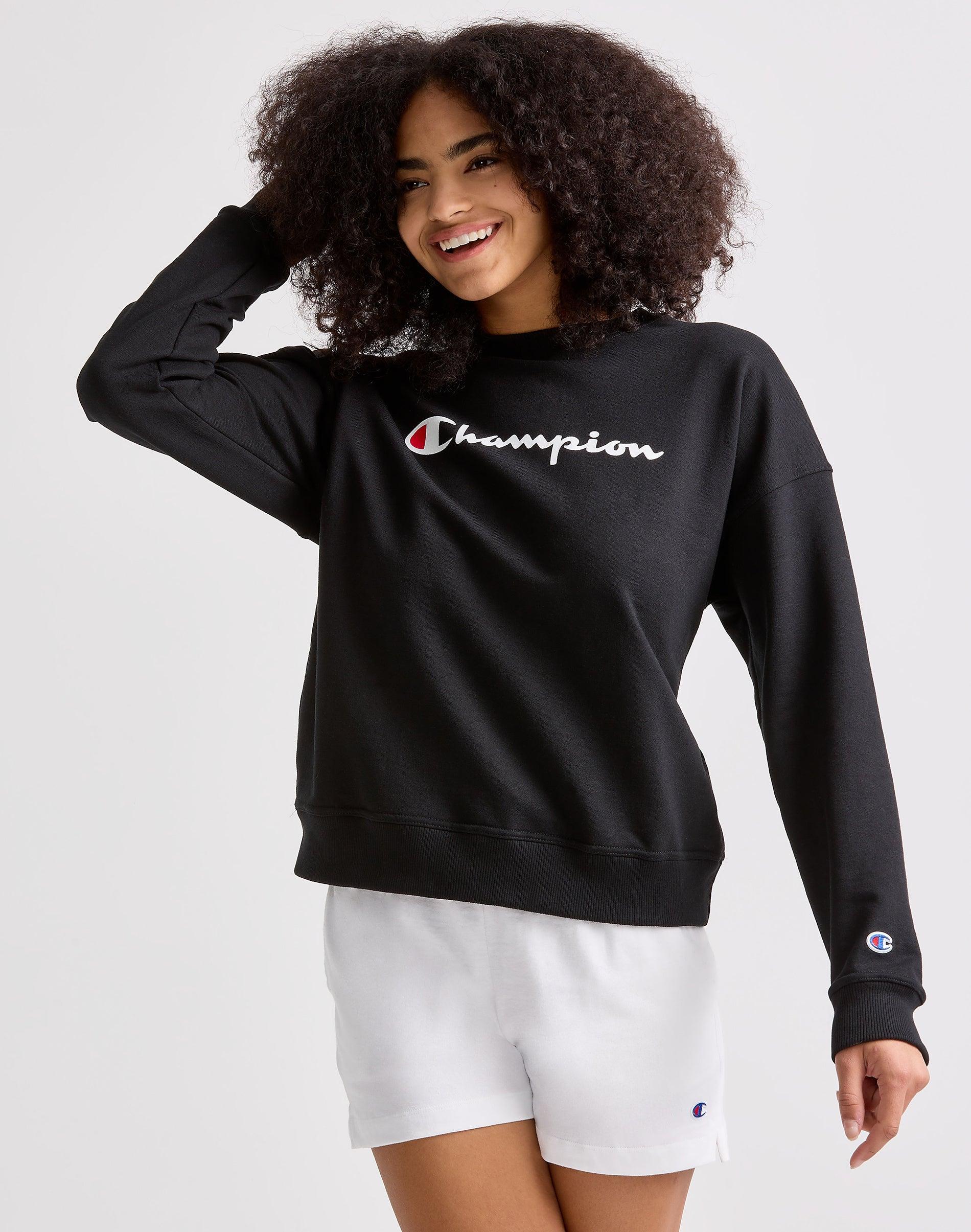 Womens Champion Powerblend Crewneck Sweatshirt, Script Logo Fresh Tan XS Product Image