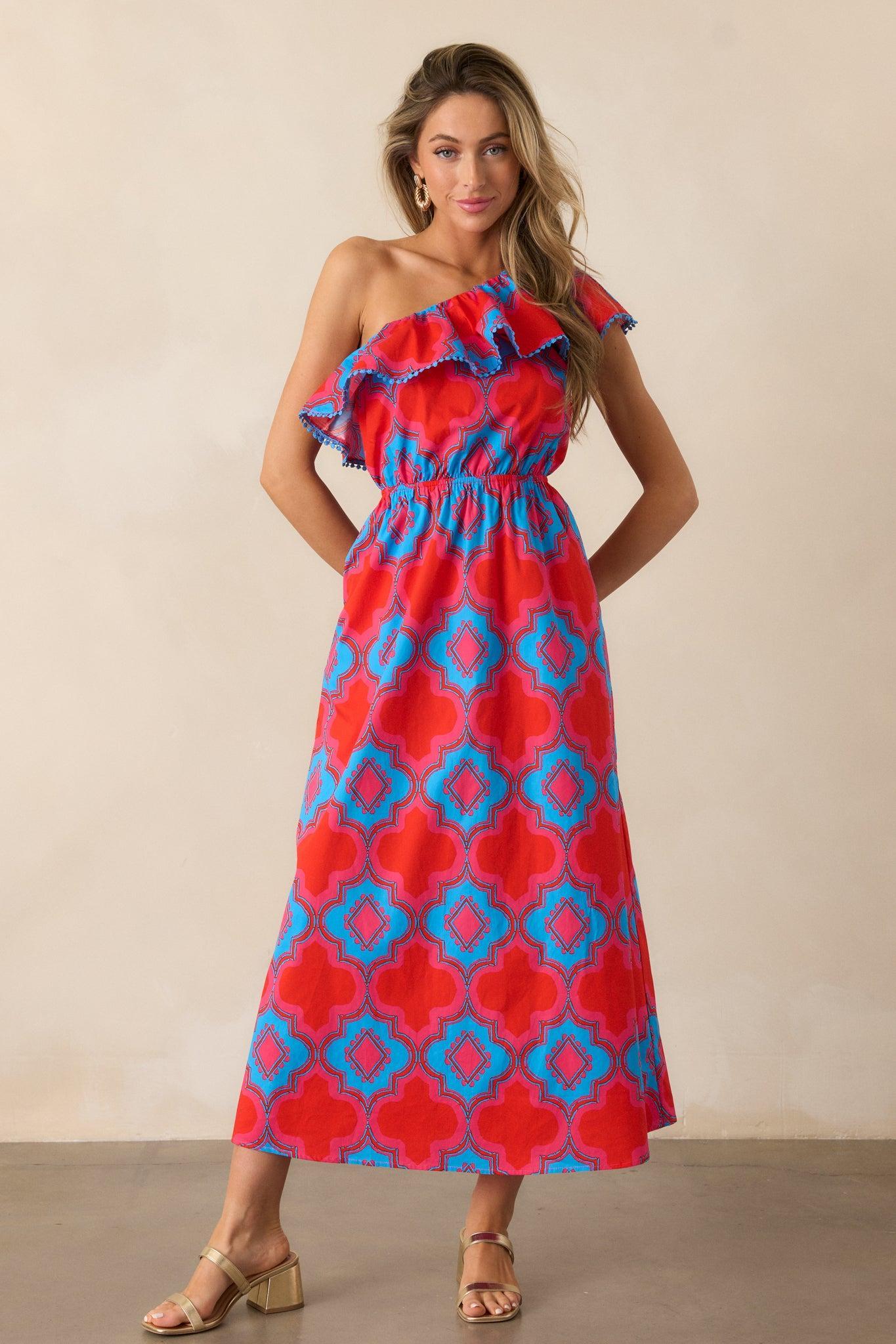 Packing My Bags Cotton Red Multi Print One Shoulder Midi Dress Product Image