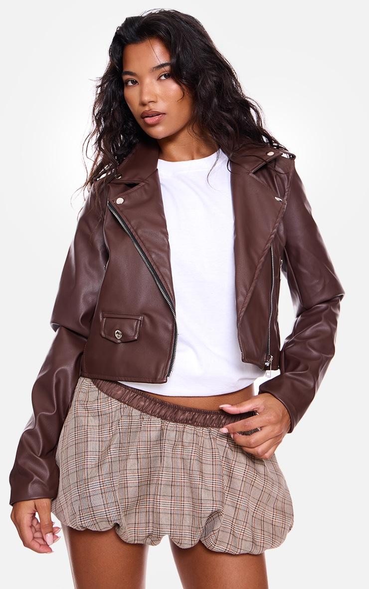 Chocolate Basic Faux Leather Biker Jacket Product Image