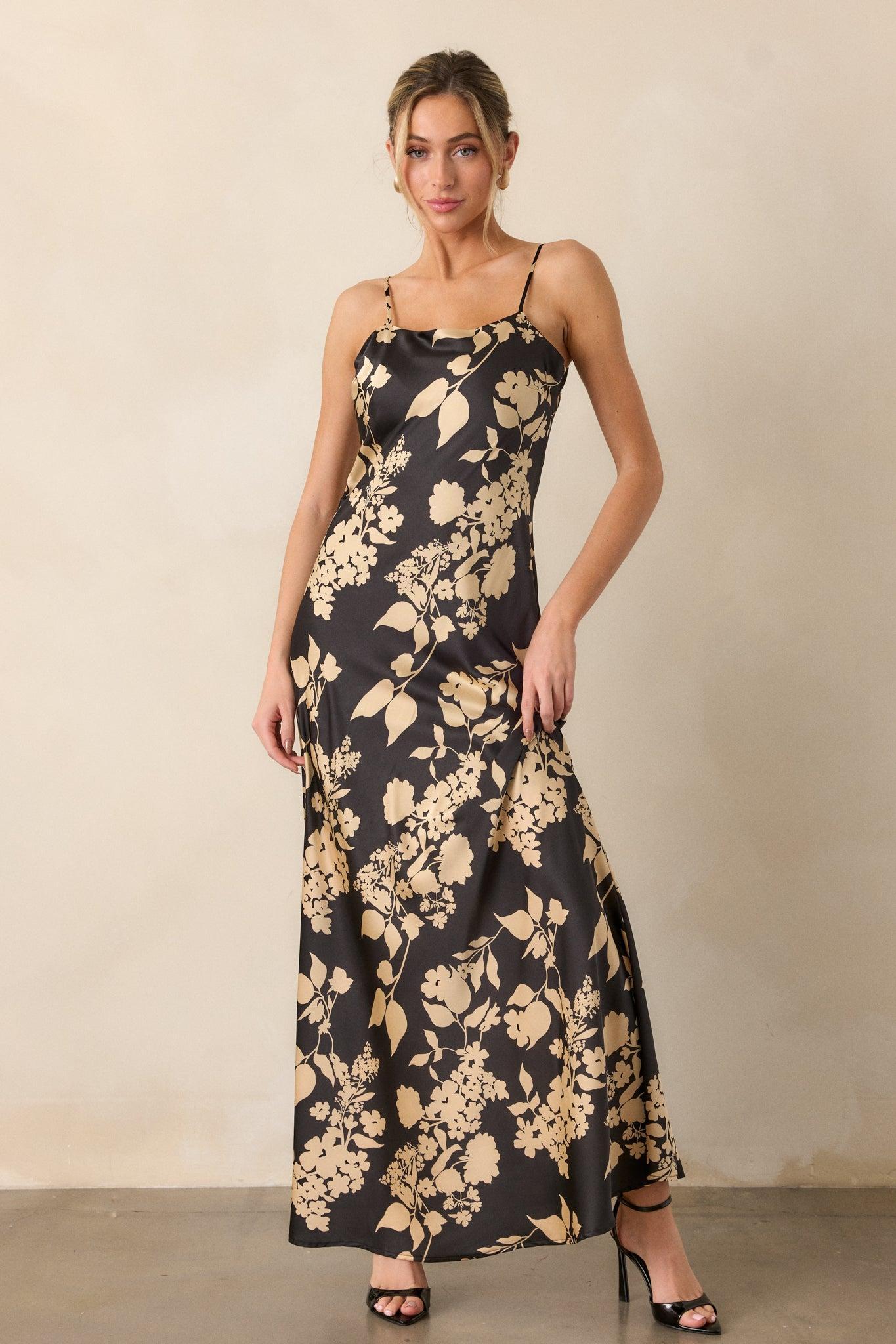 Crescent Glow Black Floral Satin Maxi Dress Product Image