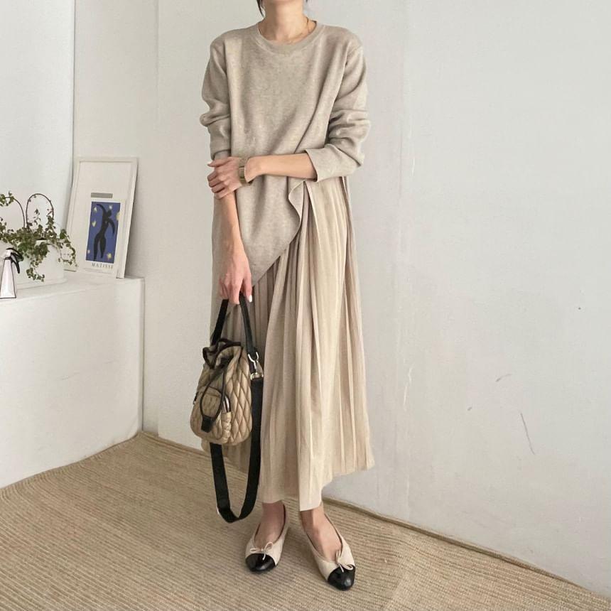 Long-Sleeve Crew Neck Mock Two-Piece Plain Asymmetrical Pleated Panel Midi Tunic Dress Product Image