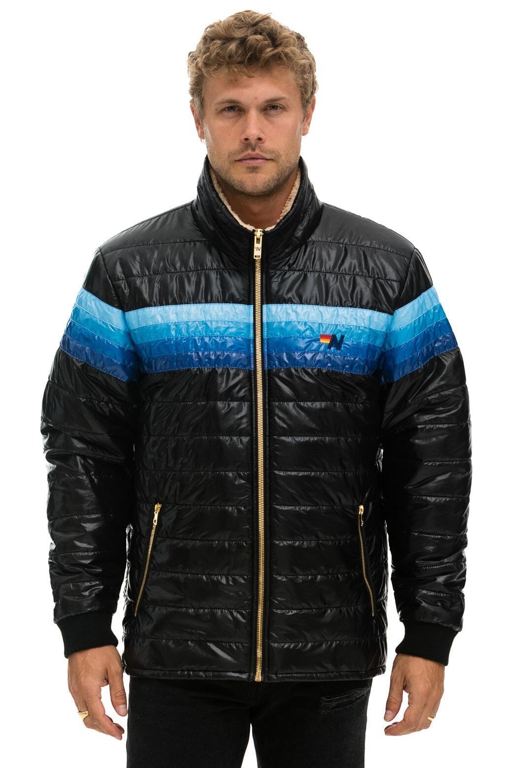 4 STRIPE RAINBOW SLEEVE JACKET -  GLOSSY BLACK // BLUE Male Product Image