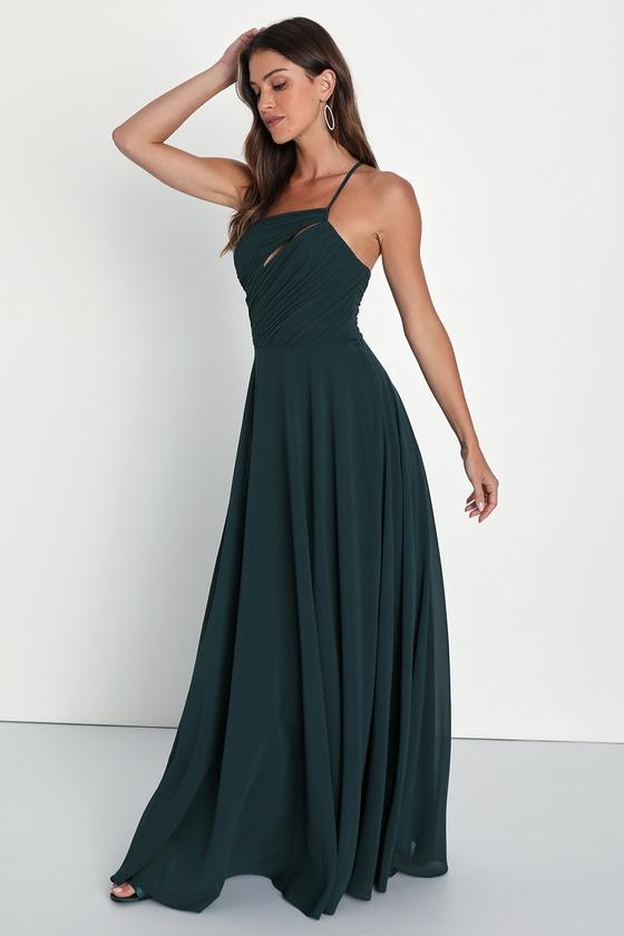 Extraordinary Elegance Emerald Pleated One-Shoulder Maxi Dress Product Image