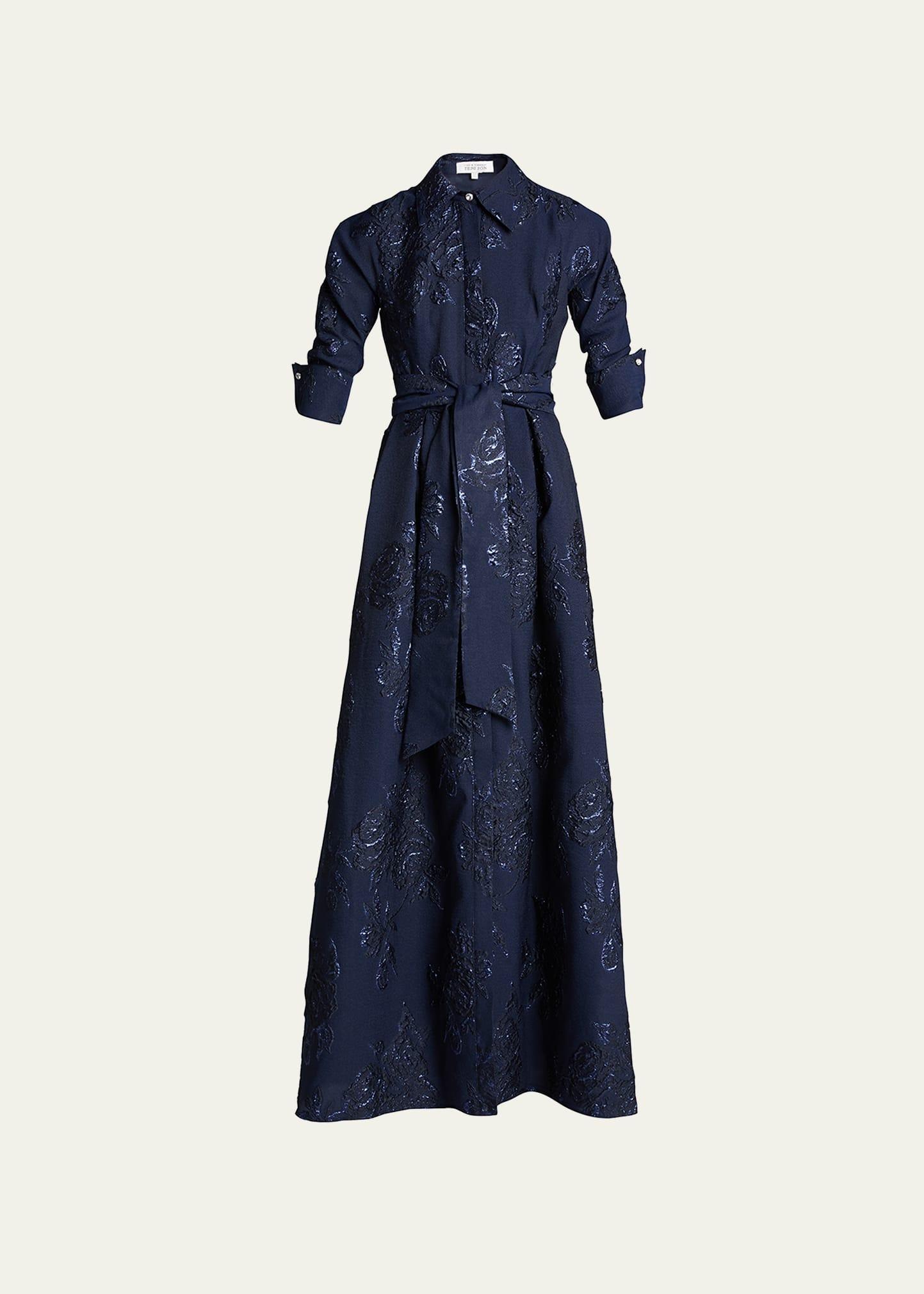 Womens Three-Quarter Sleeve Metallic Jacquard Shirt Waist Gown Product Image